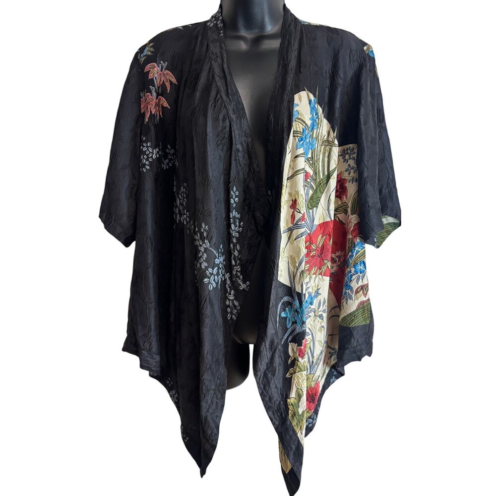 Citron Santa Monica 1X Plus Silk Blend Kimono Floral Open Front Drape Top Black